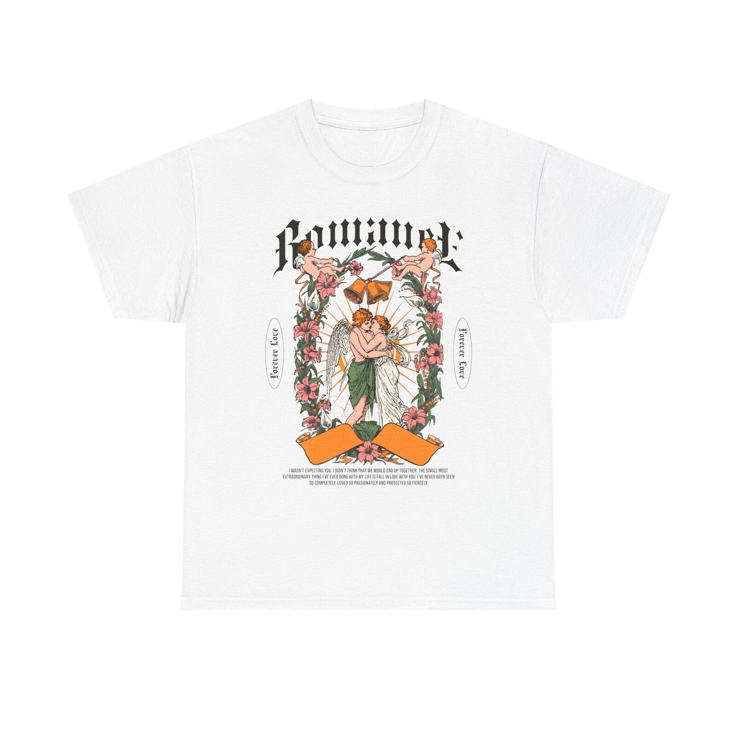 Cherubic Embrace Mens T-Shirt Vintage Floral Love Design with Romantic Sentiment