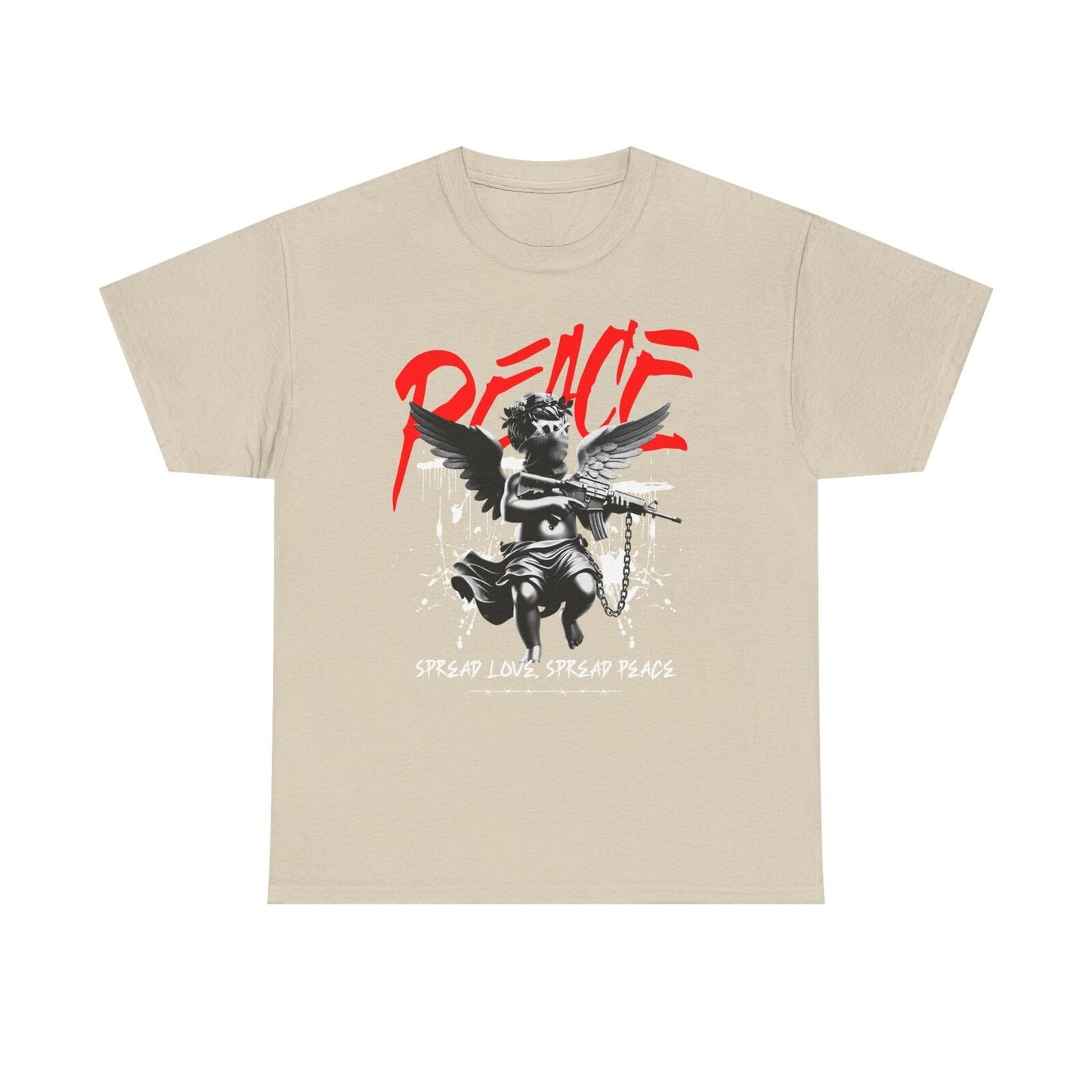 Edgy Monochrome Men's T-Shirt: Cherubic Angel, Rifle & Bold Peace Graphics Urban