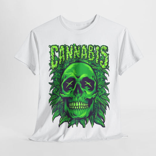 Bold Mens T-Shirt Featuring Vibrant Green Skull & Cannabis Leaves Graphic Design