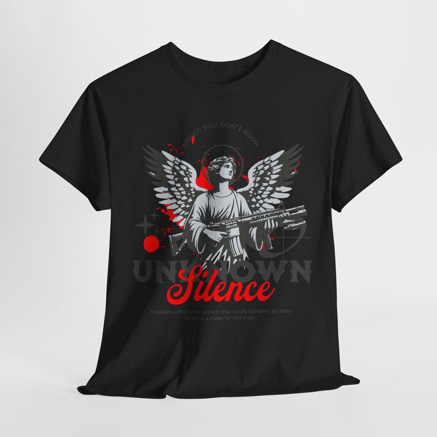 Stylized Angel Men's T-Shirt: Graphic Art with "UNKNOWN SILENCE" Self-Care Quote