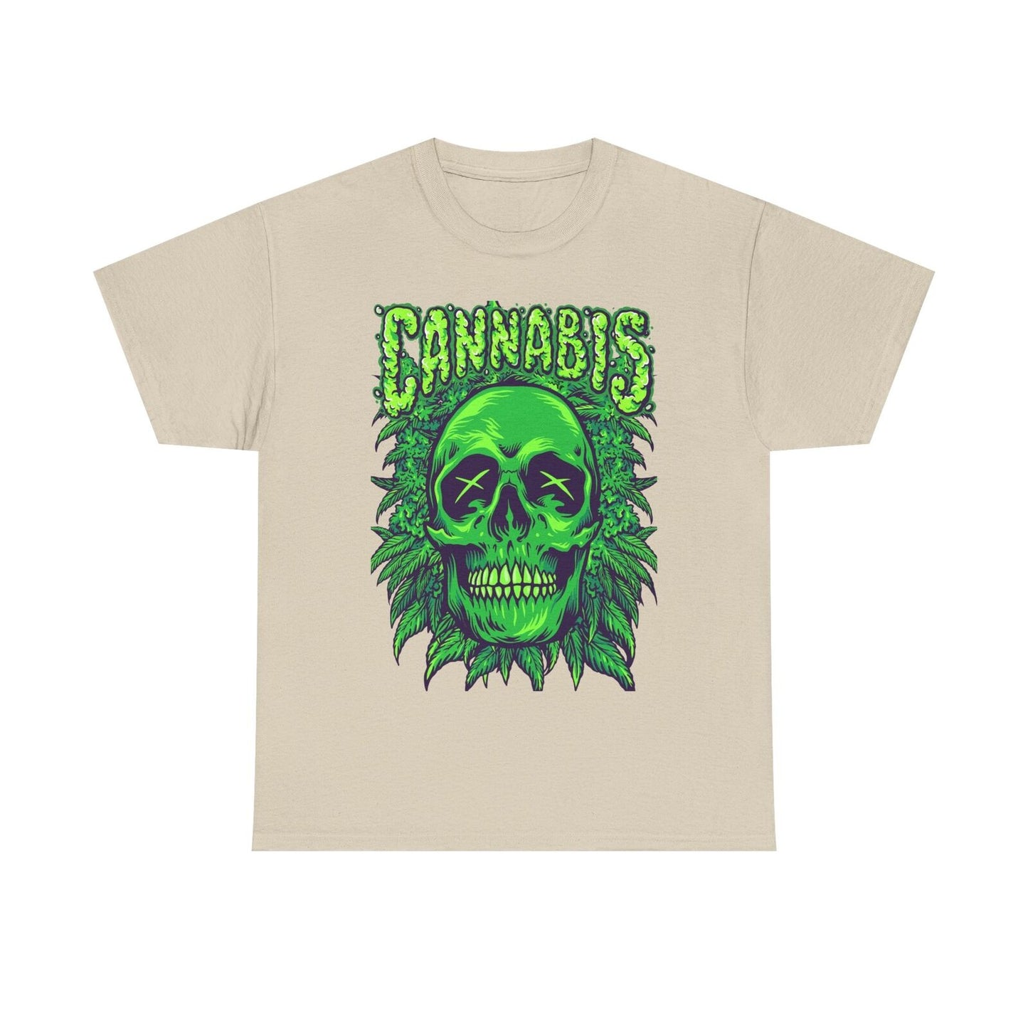 Bold Mens T-Shirt Featuring Vibrant Green Skull & Cannabis Leaves Graphic Design