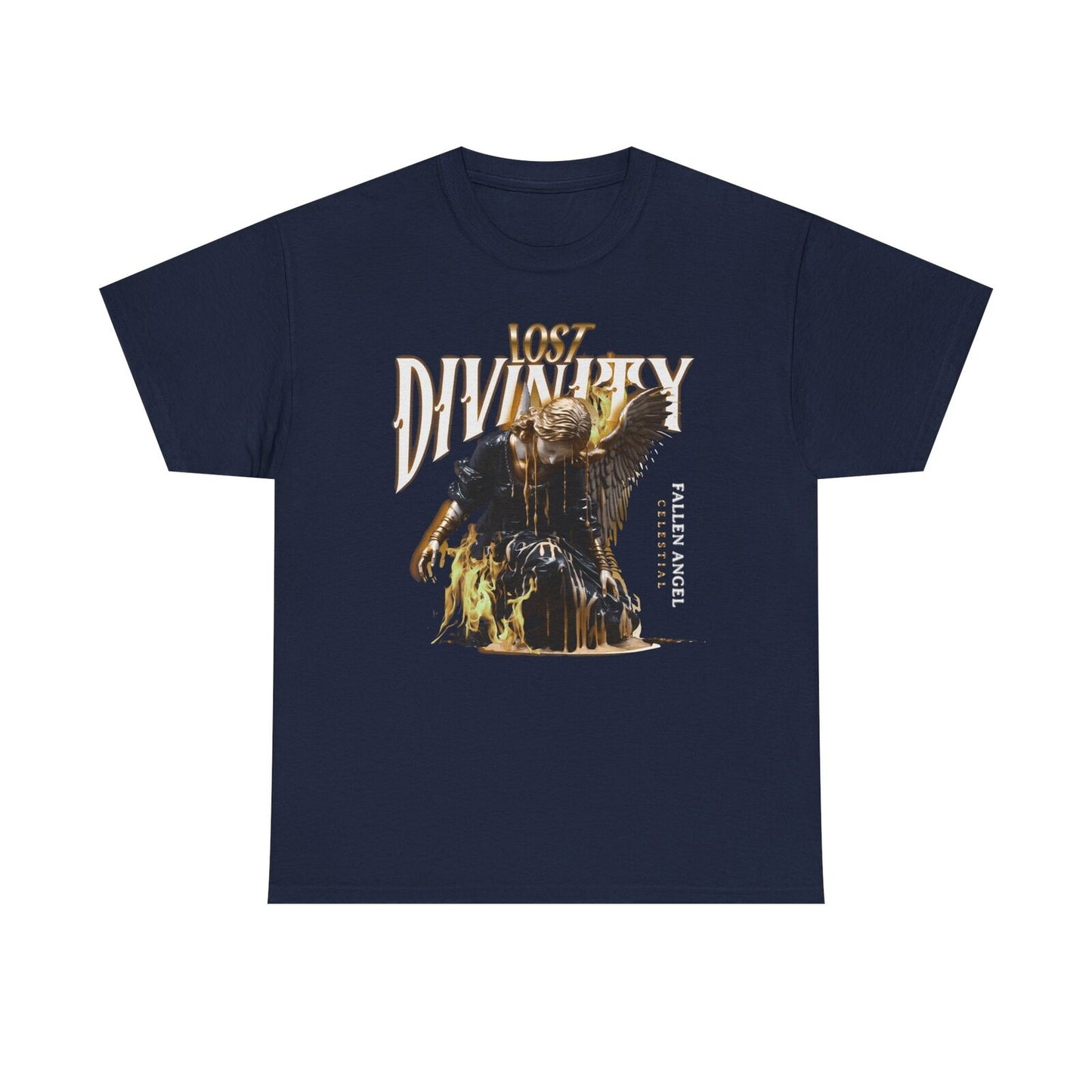 Stylized Men's T-Shirt: Lost Divinity Fallen Angel Design with Golden Accents