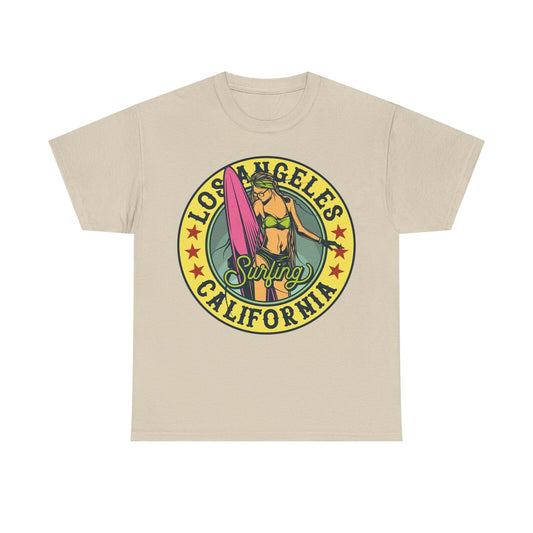 Men's T-Shirt with Vintage Los Angeles Surfing Design, Yellow Graphic Art Print