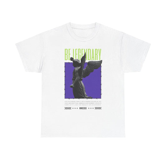 Mens T-Shirt with Angel Statue Graphic, Bold 'BE LEGENDARY' Quote, Purple Design