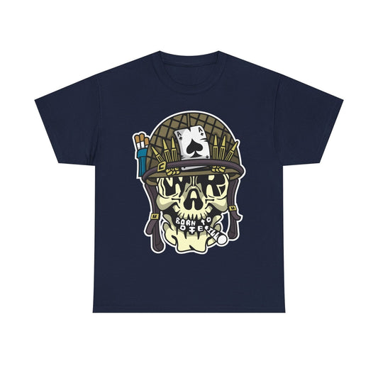 Men's T-Shirt with Cartoon Skull in Military Helmet, Ace of Spades & Bold Design