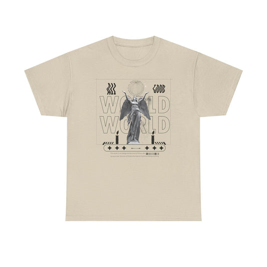 Eye-Catching Men's T-Shirt with Grayscale Angel Statue and Bold "WORLD" Design