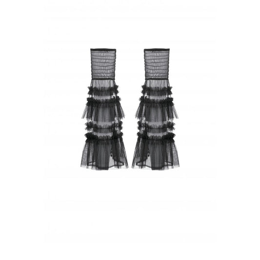 Close-up view of Dark in Love Ophelia tiered socks showcasing soft black mesh and intricate ruffle details for a whimsical touch.