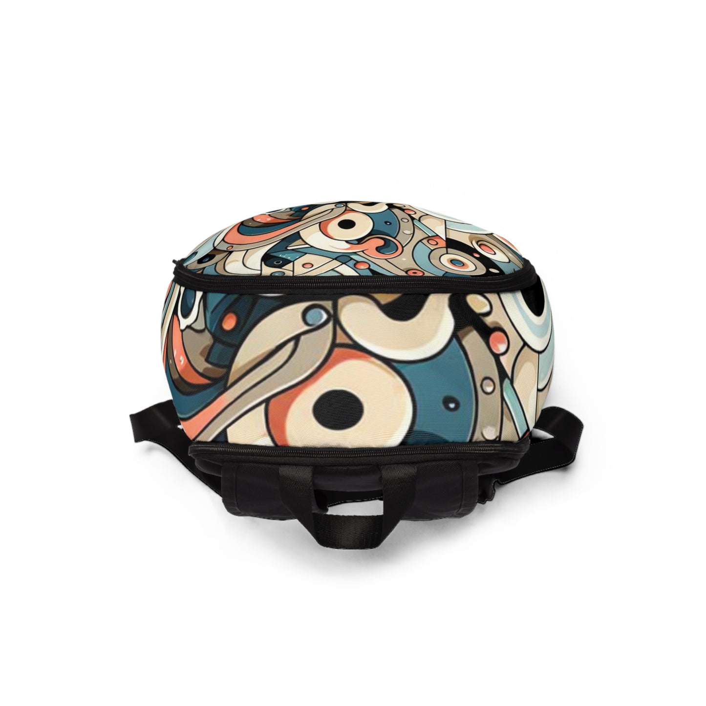 Top view of the Abstract Cartoon Character Backpack illustrating its unique artistry and luxurious fabric, designed for those who appreciate whimsical sophistication.