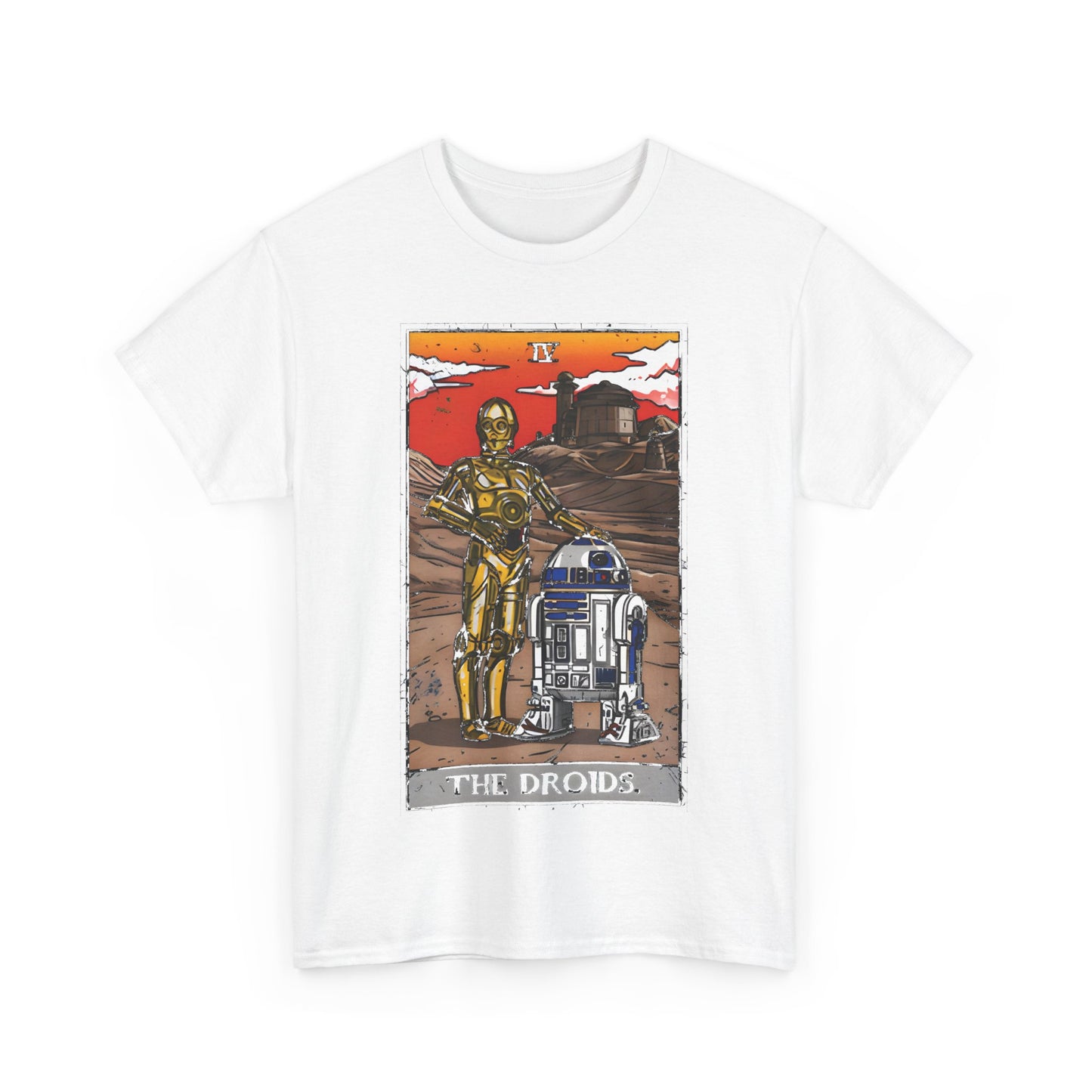 The Droids Tarot Card Graphic T-Shirt Urban Unisex Cotton Tee in classic white, featuring an exquisite portrayal of C-3PO and R2-D2, perfect for sophisticated Star Wars lovers.