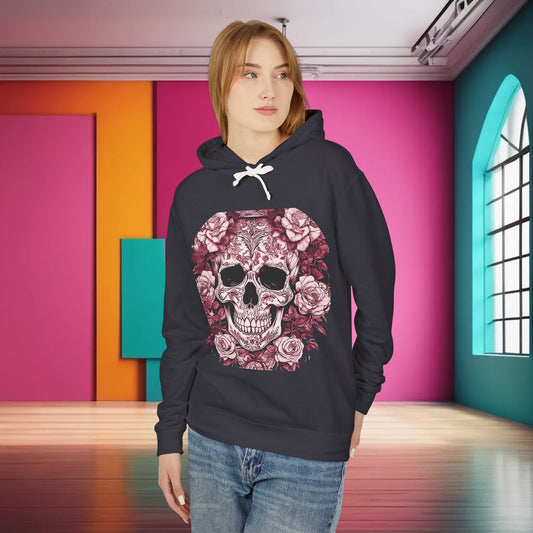 Unisex Lightweight Hooded Sweatshirt featuring a striking skull and roses design, displayed stylishly in a colourful backdrop, perfect for those who embrace individualistic fashion.