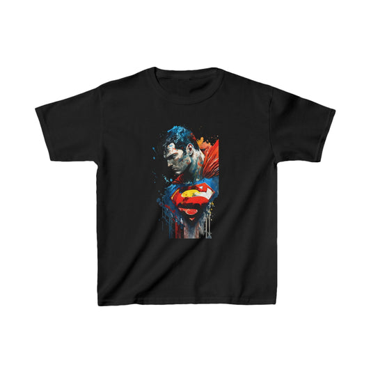 Unisex Kids Superman Cotton T Shirt Tee Youths Childs - Black t-shirt featuring a vibrant artistic print of Superman's iconic logo and character, perfect for young superhero enthusiasts.