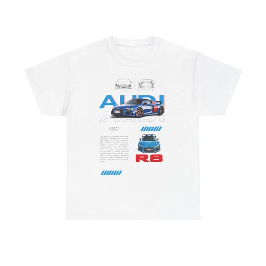 Men's Audi R8 T-shirt in pristine white colour, displaying a striking graphic of the Audi R8 sports car alongside sleek design elements. Perfect for fans of luxury cars wanting to elevate their wardrobe with sophisticated style.