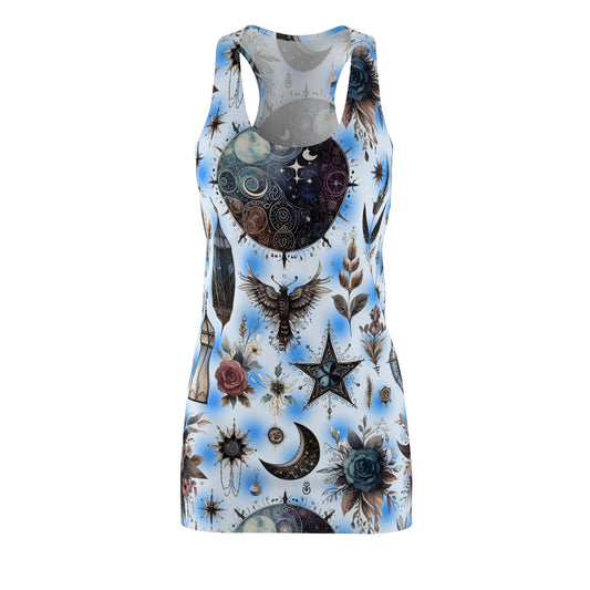 Reverse view of the Chic Women's Designer Racerback Dress showcasing a stylish celestial and floral pattern, ideal for trendy summer occasions.