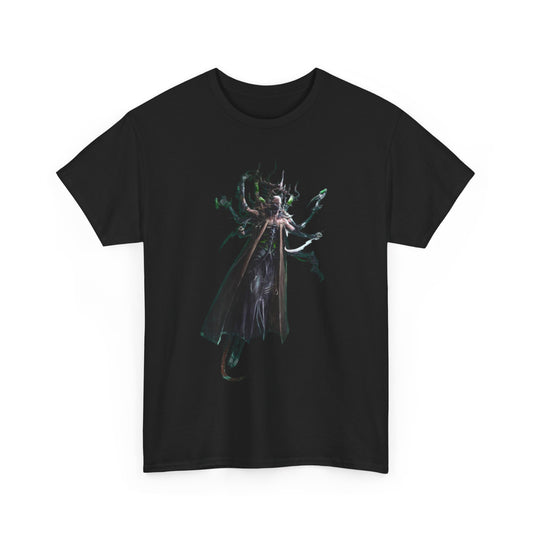 Elegant black cotton tee featuring an intricate graphic design of a fantasy humanoid figure with a captivating cloak, ideal for adding a touch of whimsical charm to any casual outfit.