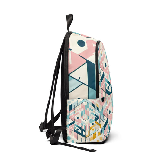 Close-up view of the Dazzling Dreams Studio Geometric Backpack highlighting its elegant geometric patterns and high-quality fabric texture.