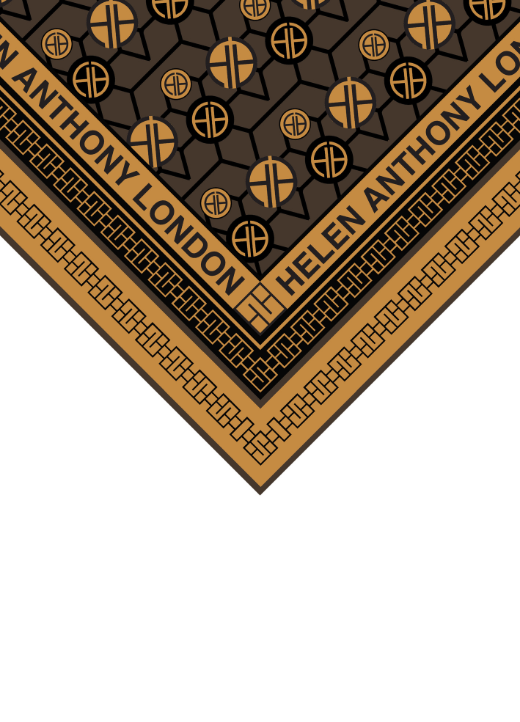 Luxurious Helen Anthony monogram twill silk scarf featuring a chic geometric design and hand-finished trim, measuring 90cm x 90cm, perfect for elegant styling.