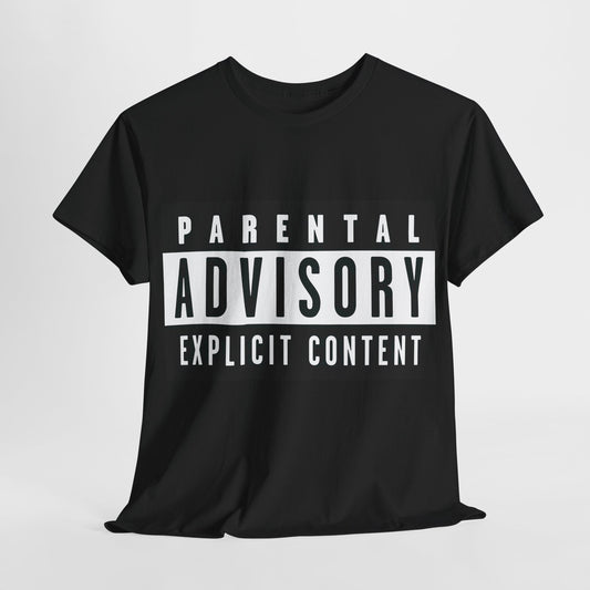 Elegant black Parental Advisory Explicit Content Warning Graphic T-Shirt, made from high-quality cotton, perfect for a bold fashion statement.