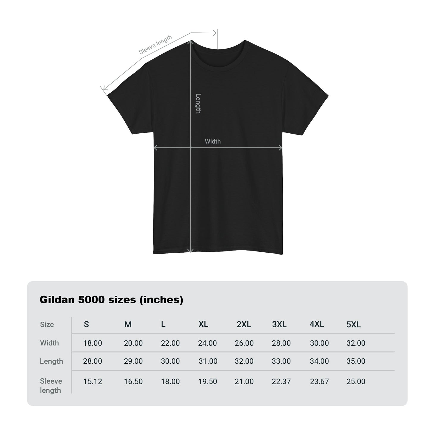 Measurement chart for the Gildan 5000 style t-shirt including sizes and dimensions for the 2001 Space Odyssey Unisex Graphic Tee, perfect for finding your fit.