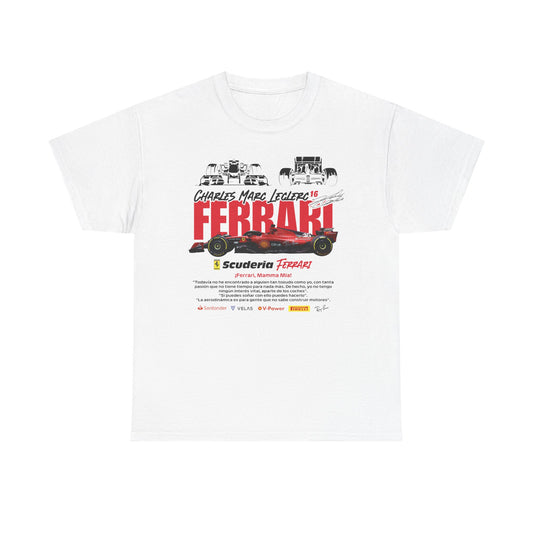 Exquisite white Scuderia Ferrari F1 T-shirt showcasing a striking design with Charles Leclerc's name and number 16, alongside a vibrant image of a Ferrari race car, embodying speed and elegance for true racing aficionados.