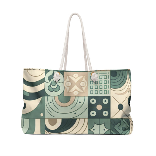 Elegant Aurelia Starling Chic Weekender Bag showcasing a sophisticated pastel green patterned exterior and plush rope handles, ideal for stylish getaways.