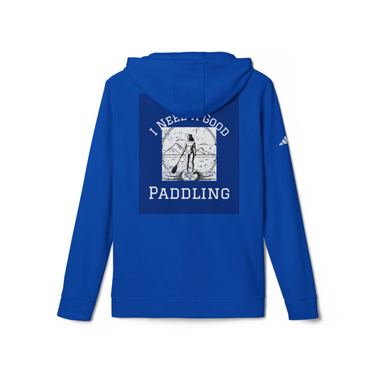 Back view of Adidas Women´s Fleece 'I Need a Good Paddling' Hoodie, showcasing a unique paddling illustration on a luxurious blue background.