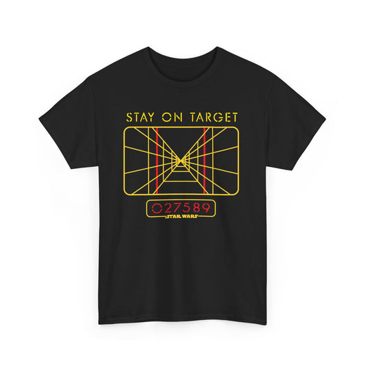 Elegant Stay On Target Star Wars T-shirt showcasing a striking independent design with a yellow targeting grid, tailored for unisex wear.