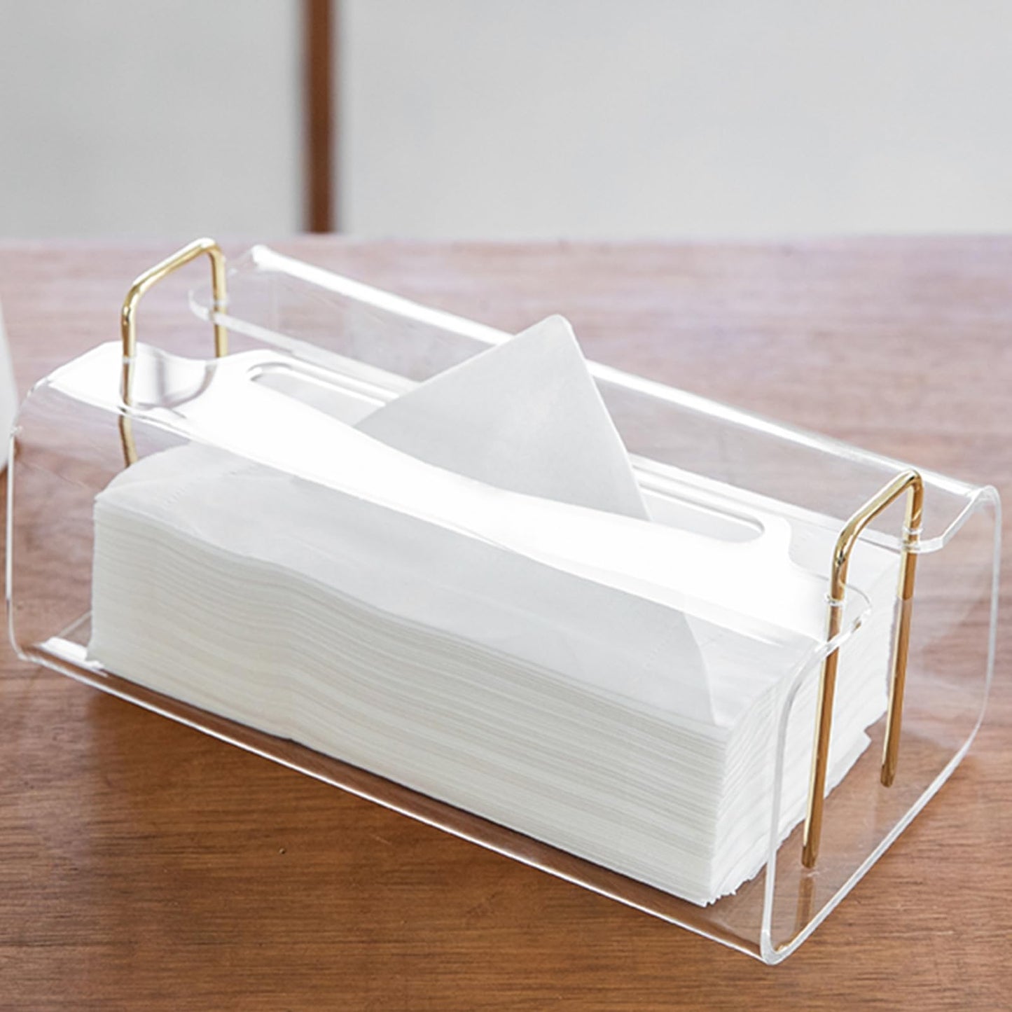 Acrylic Tissue Box Holder Rectangle? with Curved Design - Decorative Modern Crystal Clear Tissue Box Cover with Gold Metal Accents for Home/Office