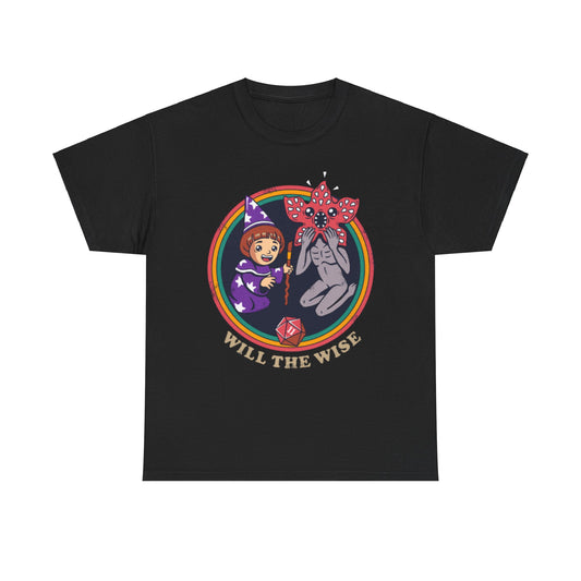 Stylish unisex black t-shirt showcasing a playful design with a cartoon wizard girl, a mysterious creature, and the text 'WILL THE WISE', ideal for adding a touch of magic to any casual wardrobe.