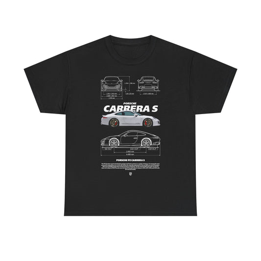 Elegant black Porsche 911 Carrera S T-shirt, displaying detailed drawings of the legendary car alongside striking design elements. Perfect for stylish car lovers.