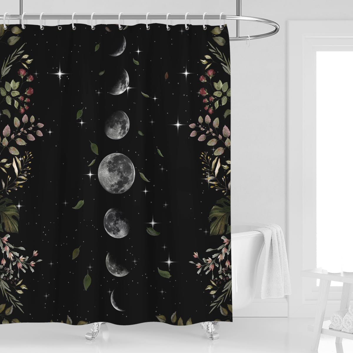 Moon phase shower curtain 60''w x 72''l black celestial g...
