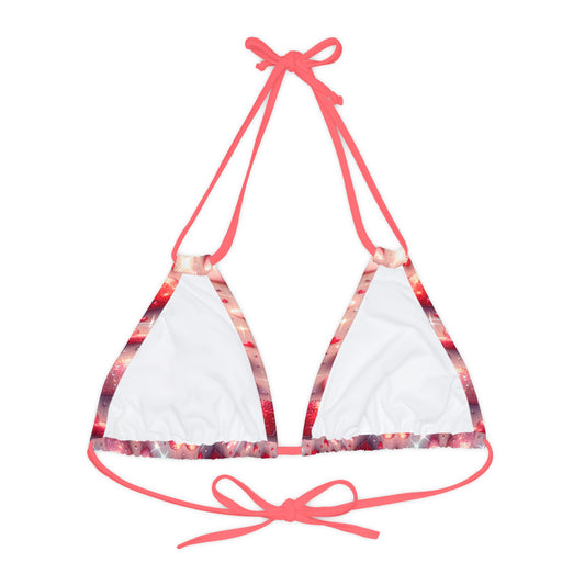 Reversible design of the Pastel Pink Glittering Hearts Strappy Triangle Bikini Top, showcasing elegant pink hues and stylish straps.