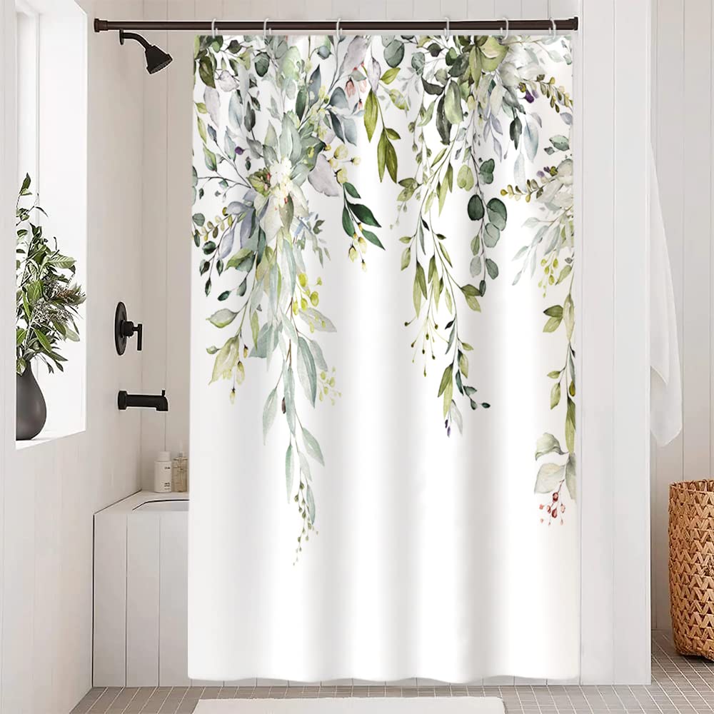Uiiooazy Eucalyptus Shower Curtain, Sage Green Leaves Floral Watercolor Motif Bath Curtain Mildew and Mould Proof Waterproof Polyester Fabric Washable