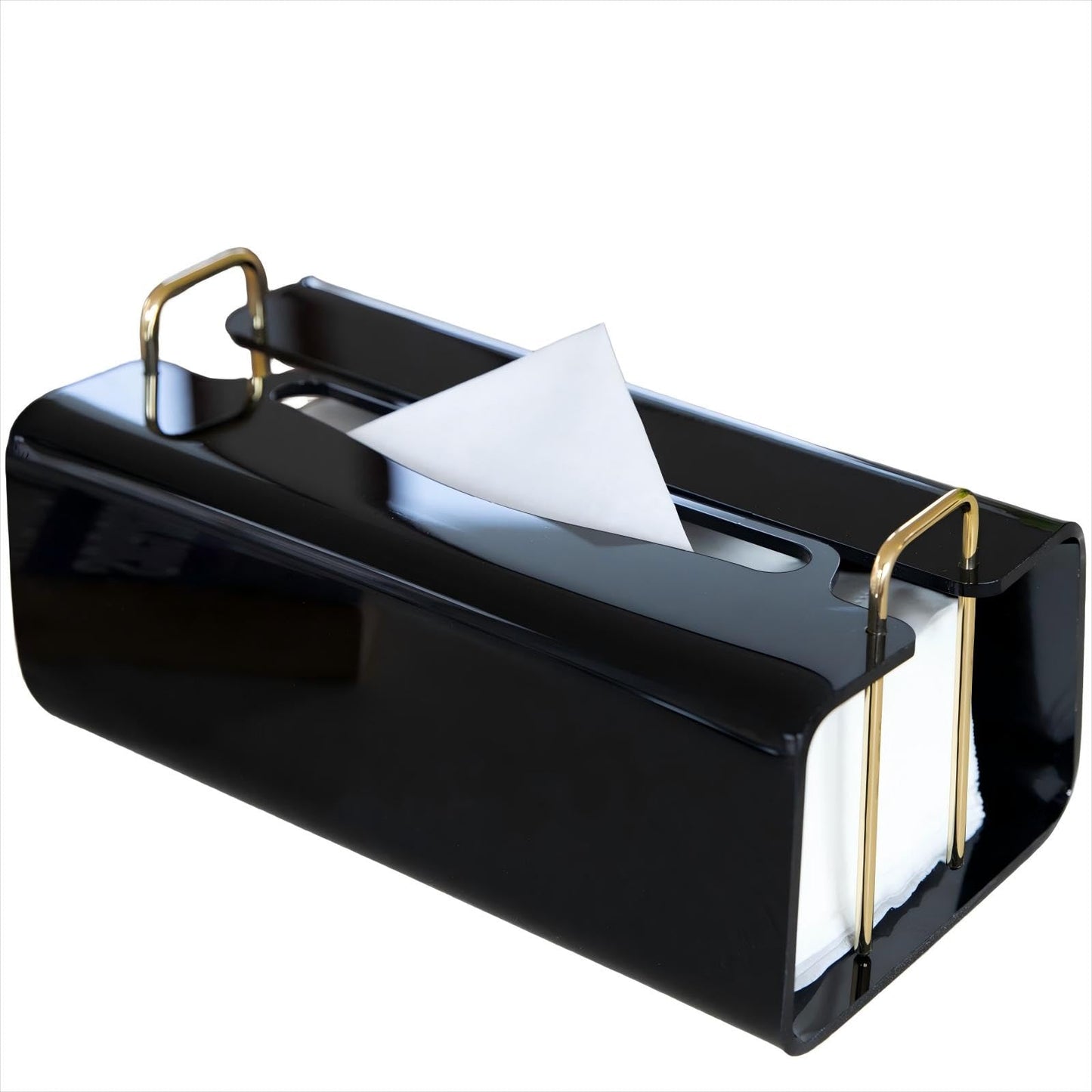 Acrylic Tissue Box Holder Rectangle? with Curved Design - Decorative Modern Glossy Black Tissue Box Cover with Gold Metal Accents for Bathroom/Living
