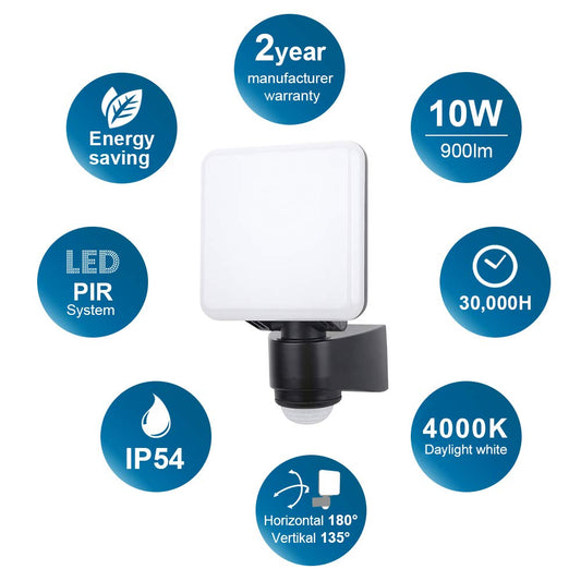Outdoor LED Wall Light with Motion Sensor, 10W IP54 PIR Infrared Motion Sensor Outside Security LED Flood Light, 900LM 4000K Daylight White, Ideal for