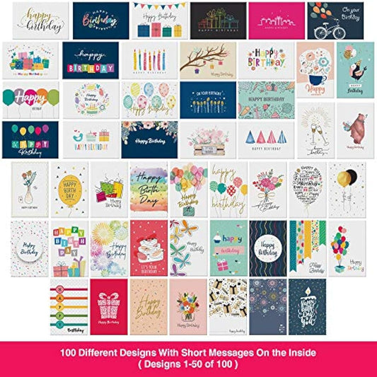 Dessie 100 Unique Birthday Cards Assortment with Greetings Inside for Businesses and Individuals.100 Assorted Color Envelopes, Gold Seals, Birthday Calendar in Sturdy Storage Box