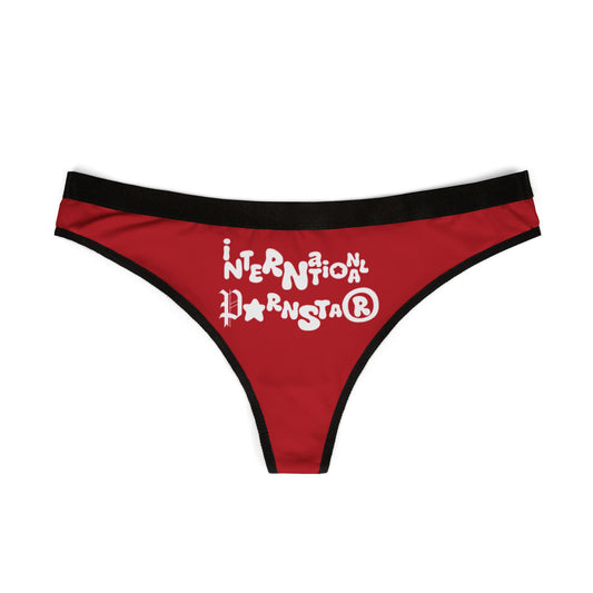 Front view of the luxurious International Star Thong in red, highlighting its striking graphic design. An ideal piece for confident women looking to elevate their intimate wear.