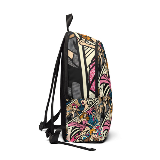 Close-up of the intricate cartoon illustrations on the Vibrant Pop Art Canvas Backpack by Dazzling Dreams Studio, highlighting its unique artistic flair and luxurious fashion appeal.