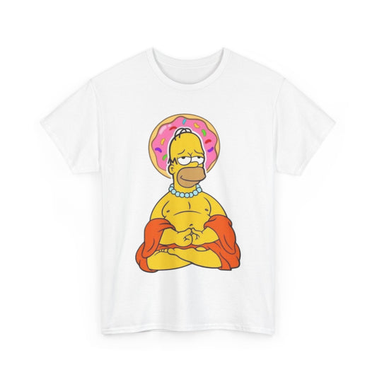 Buddha Homer Simpson Funny Graphic Unisex T Shirt TEE, showcasing the whimsical Homer Simpson seated in a lotus position, embodying a playful take on spirituality and comedy.