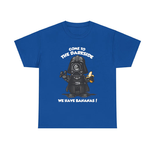 Darth Vader Minion Graphic Unisex T Shirt Tee in vibrant blue, showcasing a whimsical character holding a banana in a fun and humorous design, ideal for Minions enthusiasts.