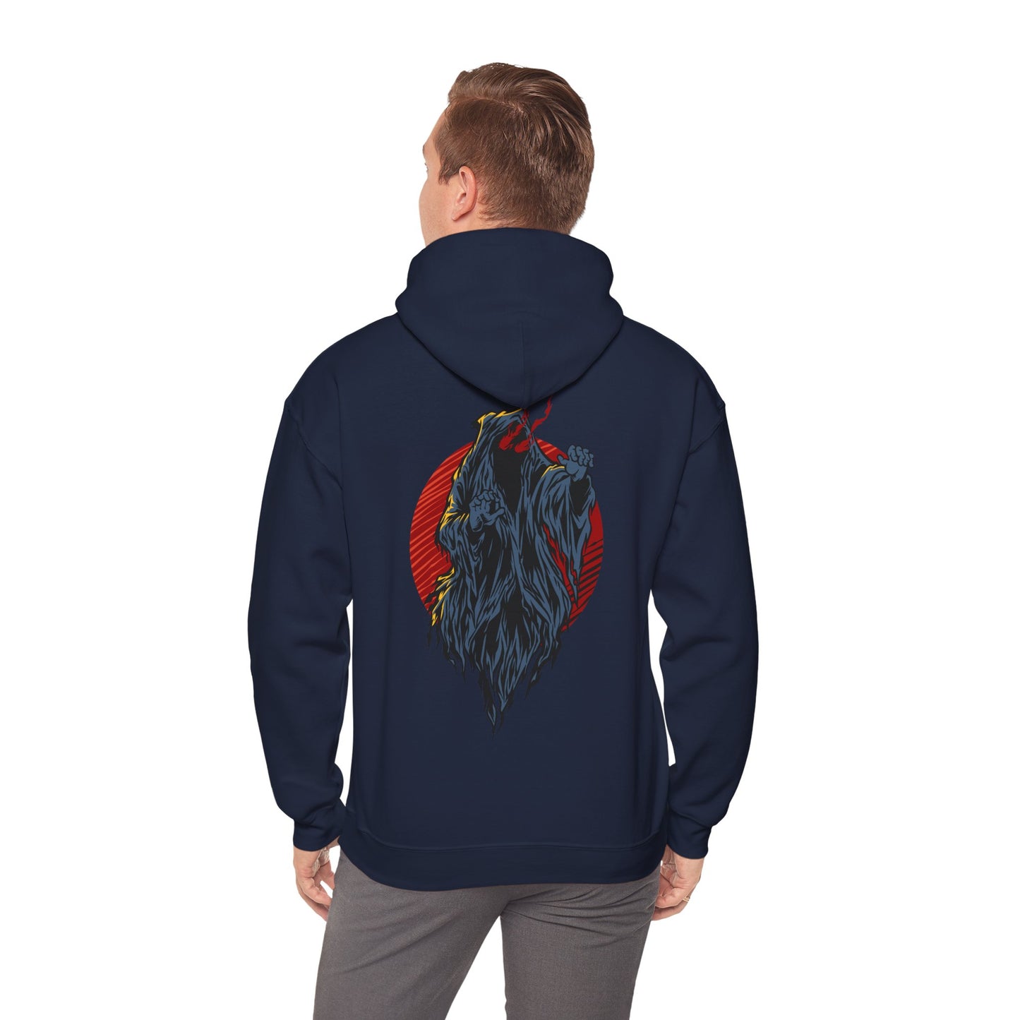 Man showcasing a navy hoodie with striking demon artwork on the back, embodying a blend of style and fierce individuality.
