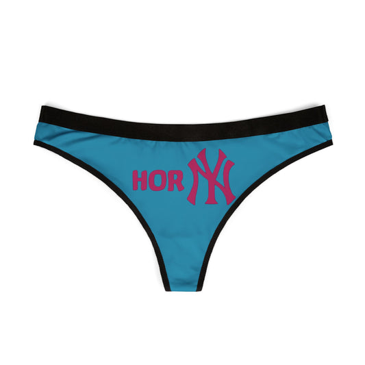 Luxurious women's thong panties featuring a playful 'HORNY' graphic, styled after the iconic New York Yankees logo, combining comfort and cheeky elegance.