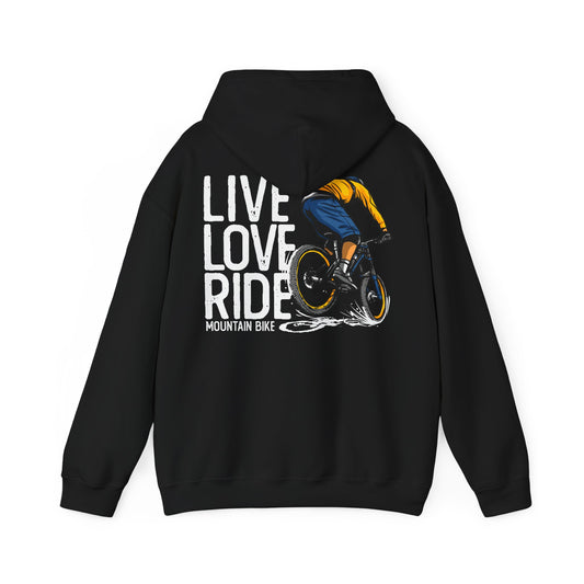 Luxurious black hoodie adorned with an eye-catching back design of a mountain biker in motion, complemented by the inspirational text 'LIVE LOVE RIDE'. Ideal for stylish biking enthusiasts.
