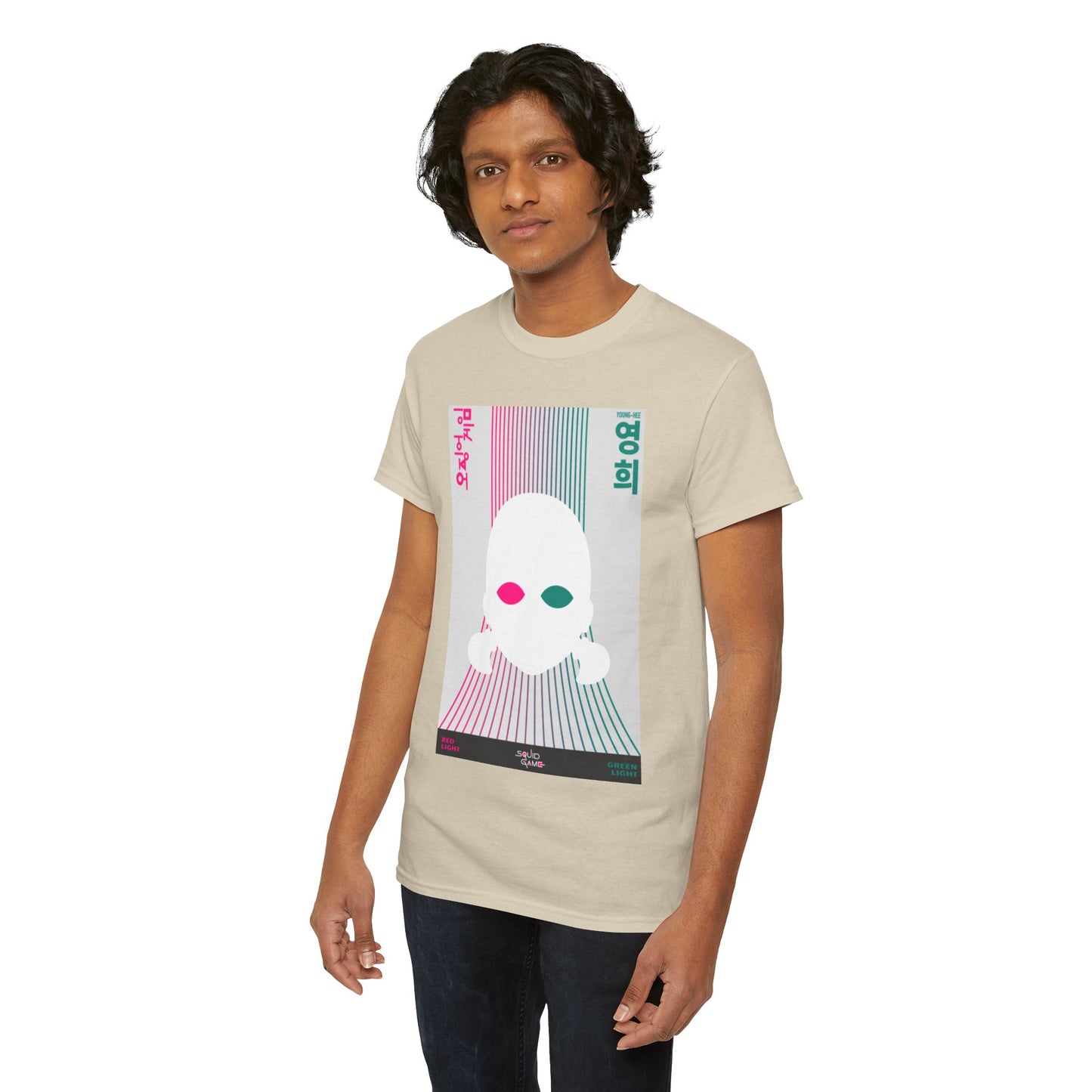 Sophisticated model wearing a beige 'Squid Game' themed graphic t-shirt featuring a stylish design, perfect for elevating everyday attire with a touch of adventure.