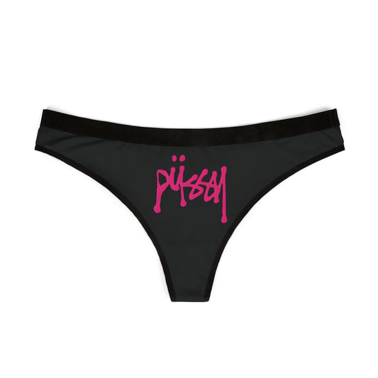 Elegant black women's thong featuring a striking pink 'PUSSY' graphic print on the front, embodying playful sophistication.