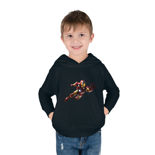 Elegant Kids Unisex Iron Man in Flight Hoodie displayed by a smiling child, highlighting the striking Iron Man design for young superhero fans aged 2 to 5 years.