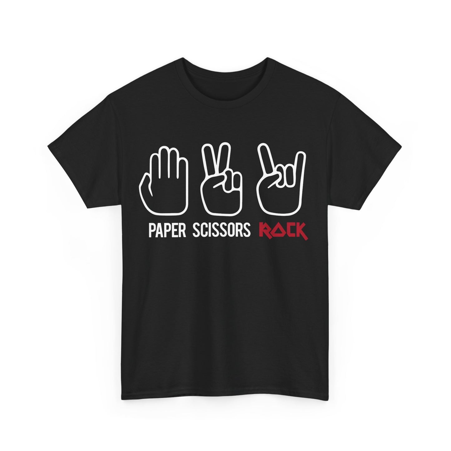 Rock Paper Scissors Graphic T-Shirt Urban Unisex Cotton Tee presented against a minimalistic background, featuring eye-catching illustrations of hand signs with refined wording.