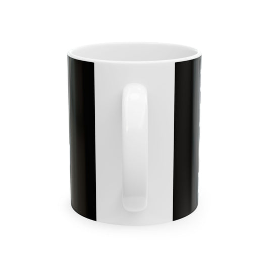 Side view of the Funny F-Words Ceramic Mug showcasing its glossy black and white design, ideal for adding humour to home or office coffee rituals.