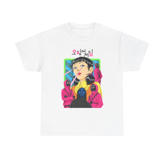 Chic white t-shirt adorned with a captivating graphic design inspired by a hit series, blending art and fashion seamlessly for a sophisticated look, perfect for both casual and contemporary wardrobes.