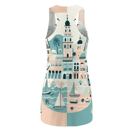 Evelyn Rochelle Marbella Racerback Dress showcasing its stylish geometric pastel pattern inspired by Mediterranean vibes, featuring dreamy hues of pink, blue, green, and beige in a captivating beachside setting.