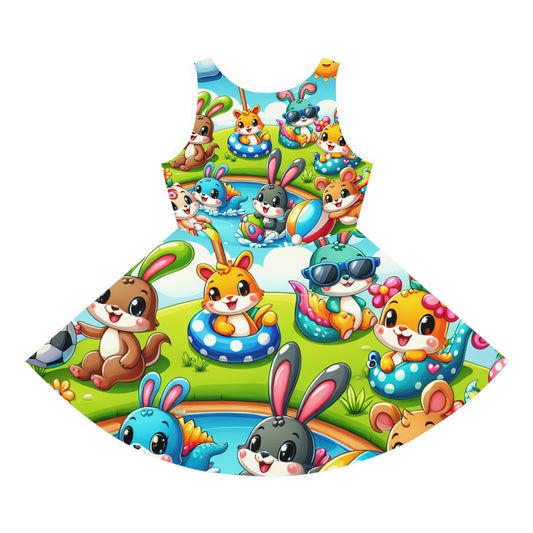 Lila Petitjean Girls Summer Sundress adorned with enchanting mythical creatures and vibrant colours, depicting playful cartoon animals in a delightful summer setting.
